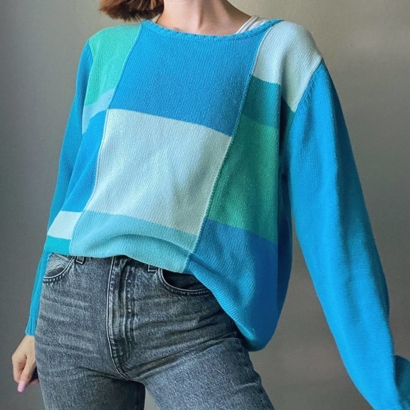 Vintage Blue Turquoise Color Block Knit Crewneck Sweater - Picture 5 of 7